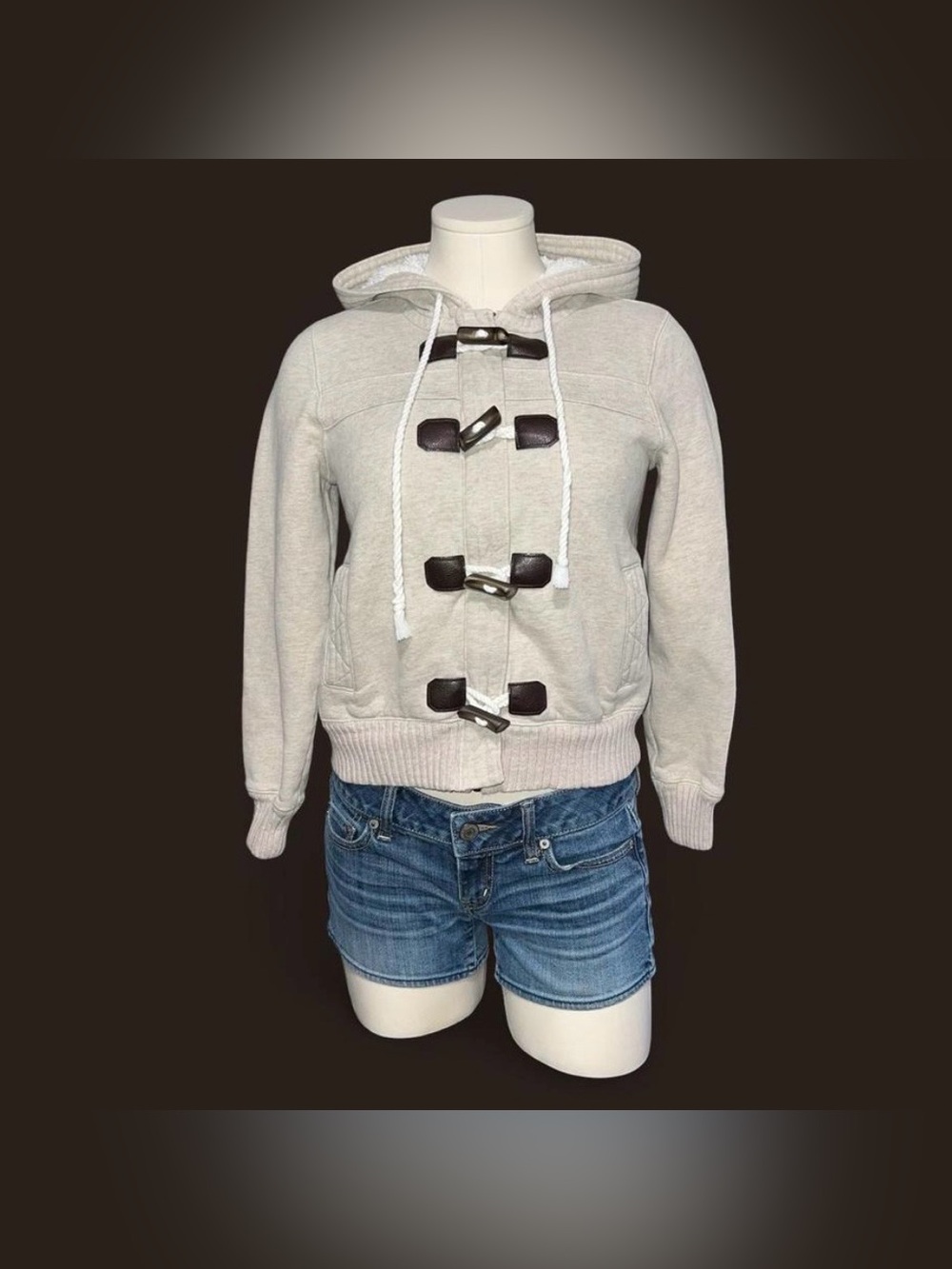 Old Navy Light Gray Hooded Toggle Sweatshirt with Brown Accents